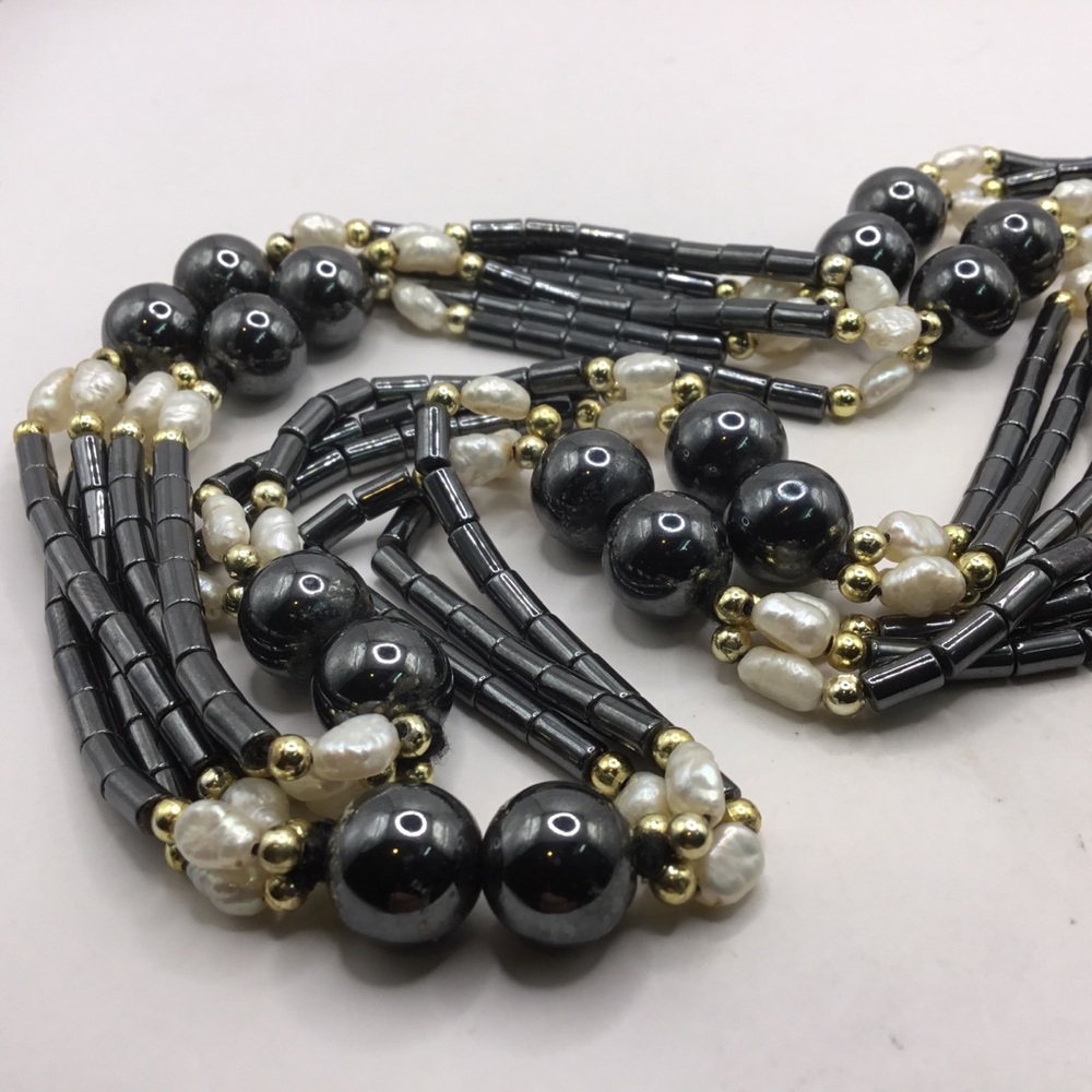 Hematite Beaded Necklace with Pearls & Gold Spacers 32" long